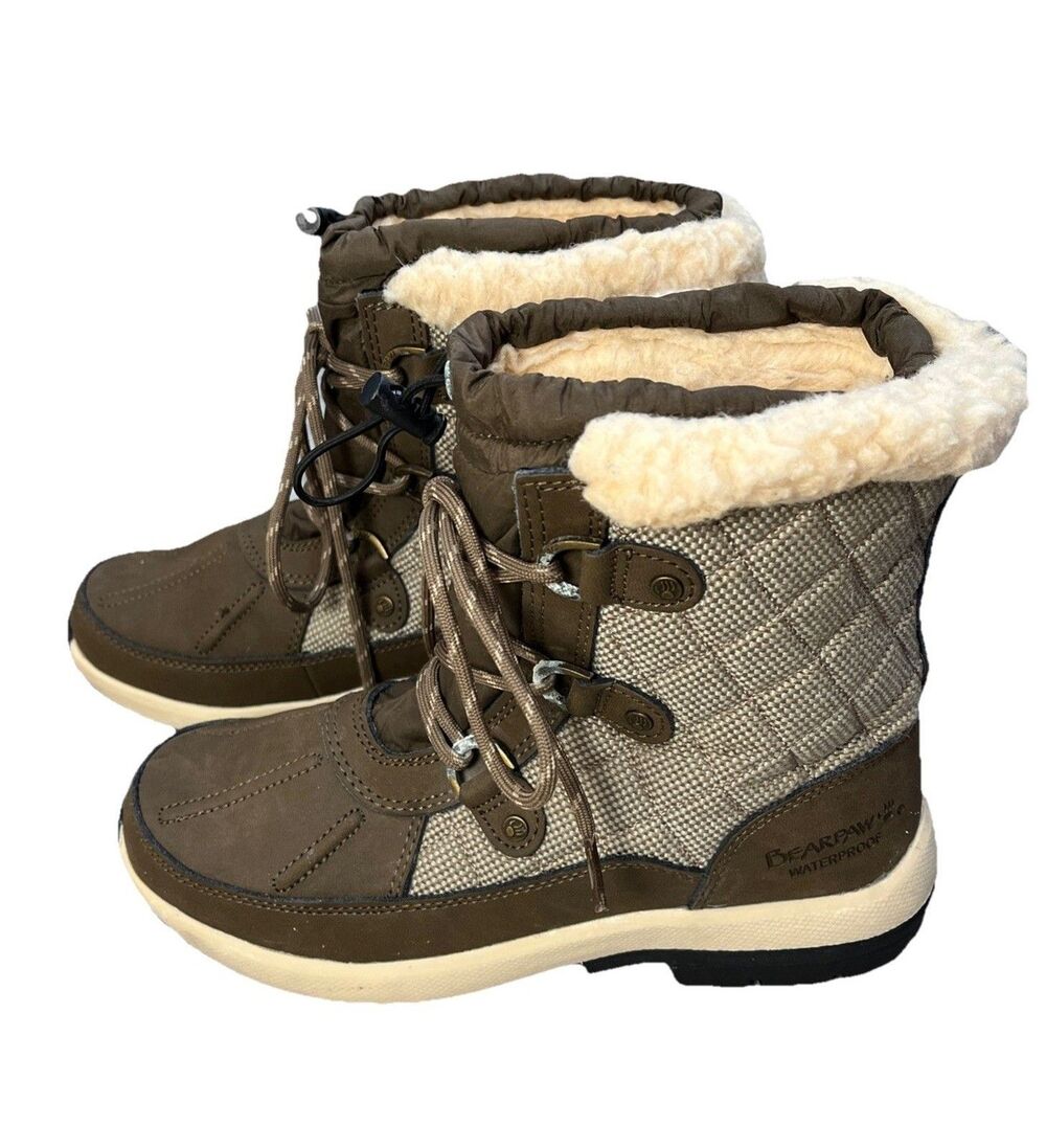 Bearpaw Sherpa Lined Women’s Sz 7 Waterproof Brown/Tan Quilted Winter Snow Boots